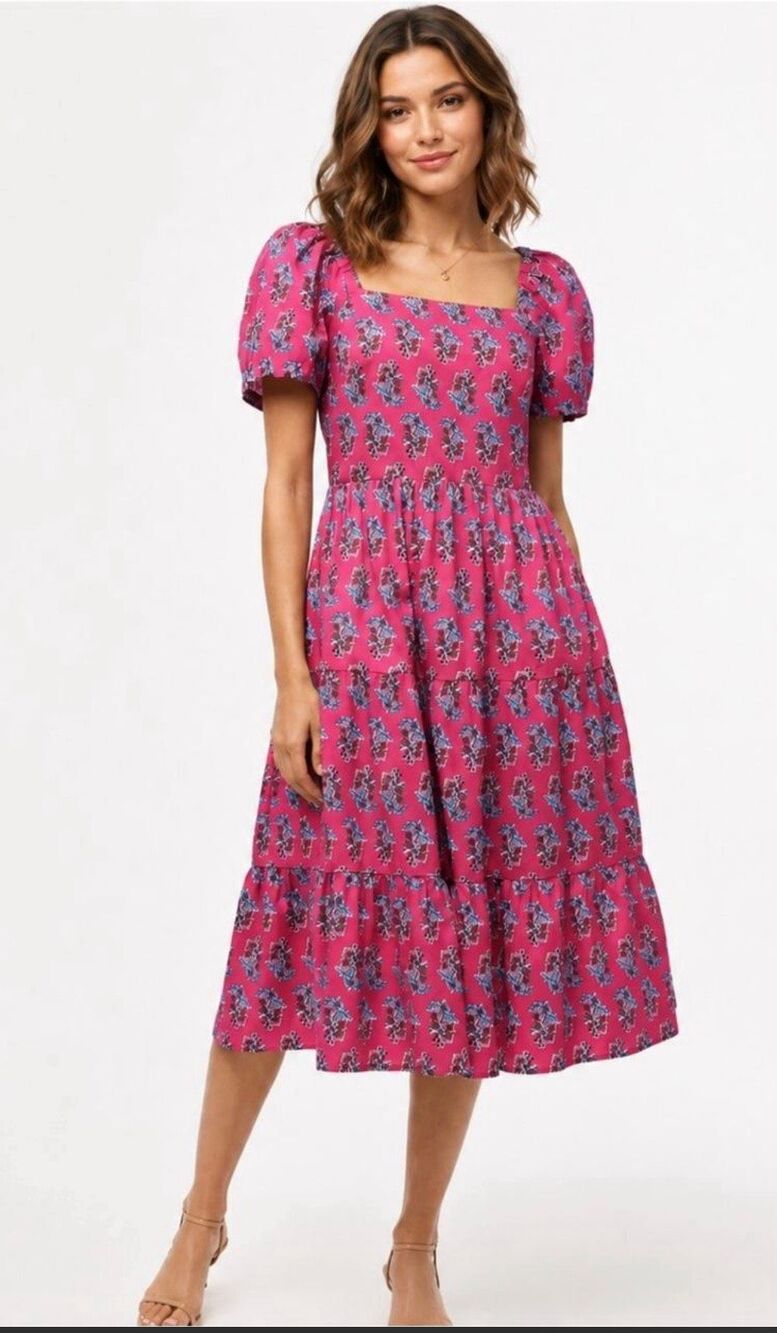 J.CREW FACTORY Women's 4 Pink Tiered Puff Sleeve Midi pink Dress pockets